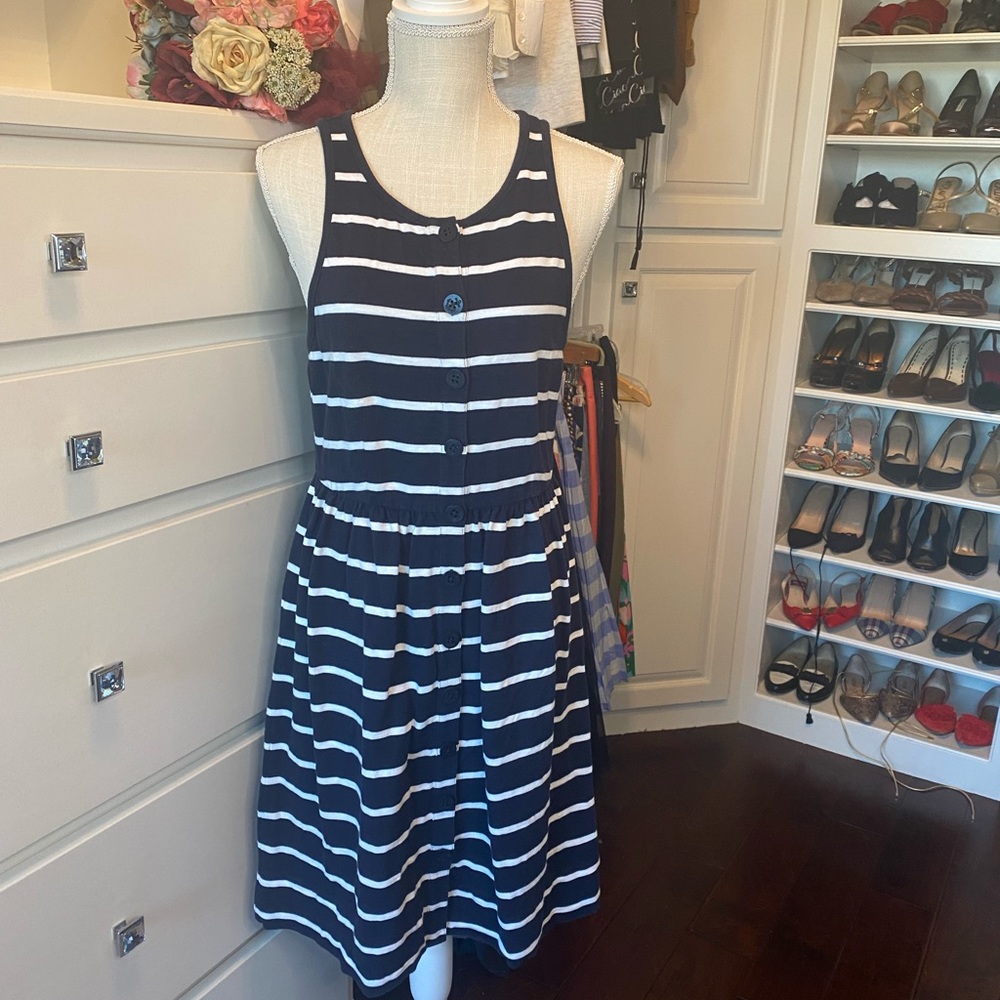 JCrew Nautical Navy Stripe Button Front Sleeveless Sundress.  Size S